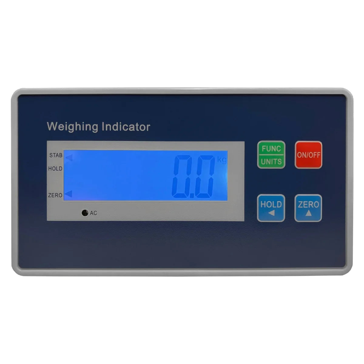 Digital weighing indicator for vet scales, featuring a blue LCD display, buttons for functions, and a sleek gray casing