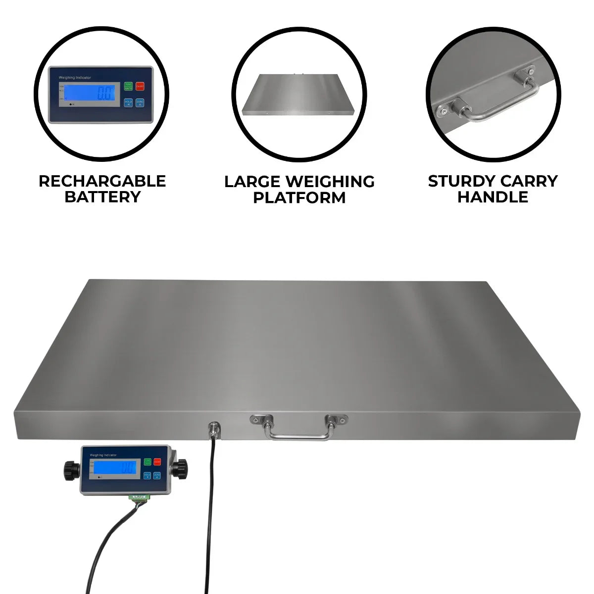 Stainless steel vet scales with a large 60cm x 90cm platform, featuring a digital display, sturdy handle, and rechargeable battery