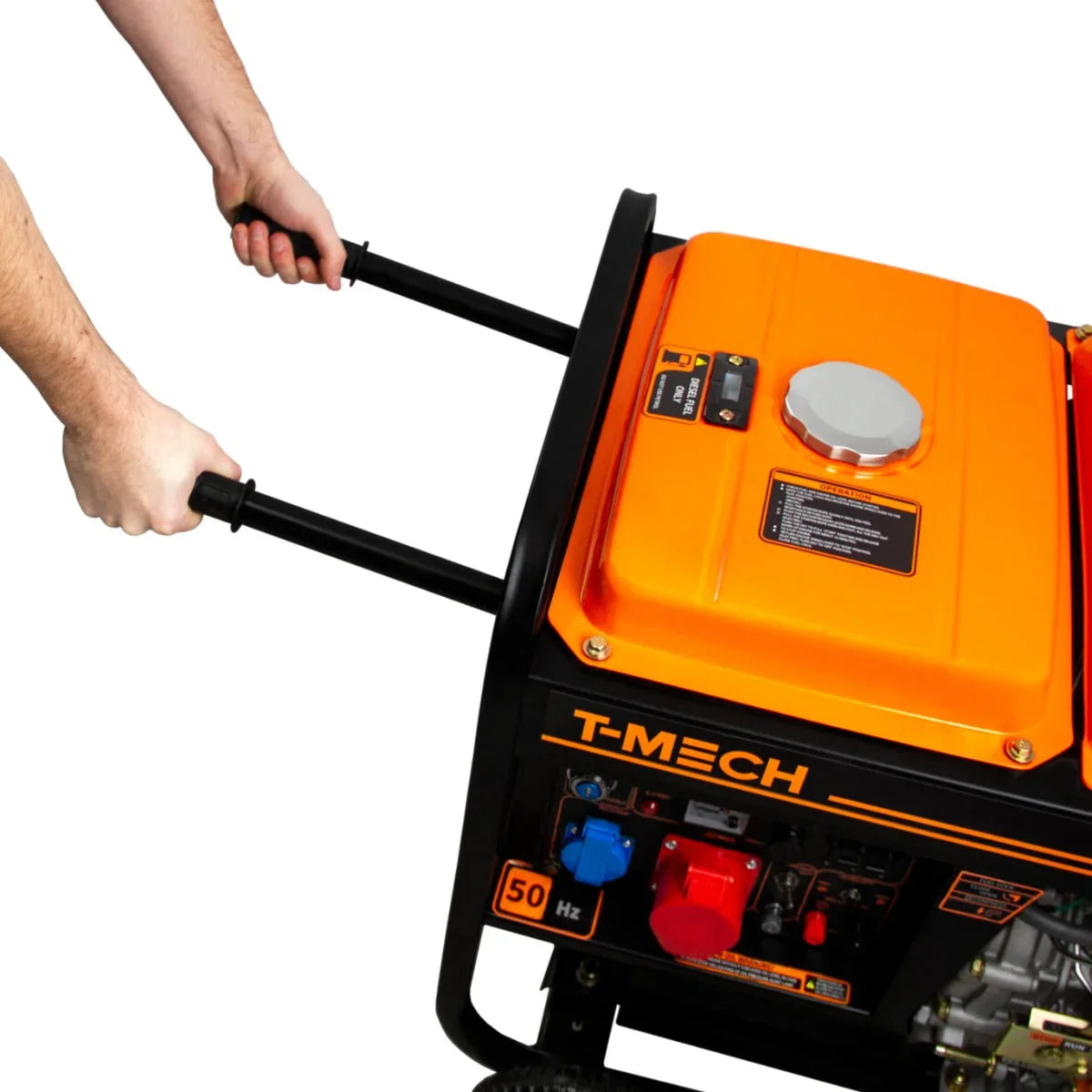 T-Mech 5kVA portable diesel generator with open frame, featuring bright orange tank, sturdy handles, and various control knobs