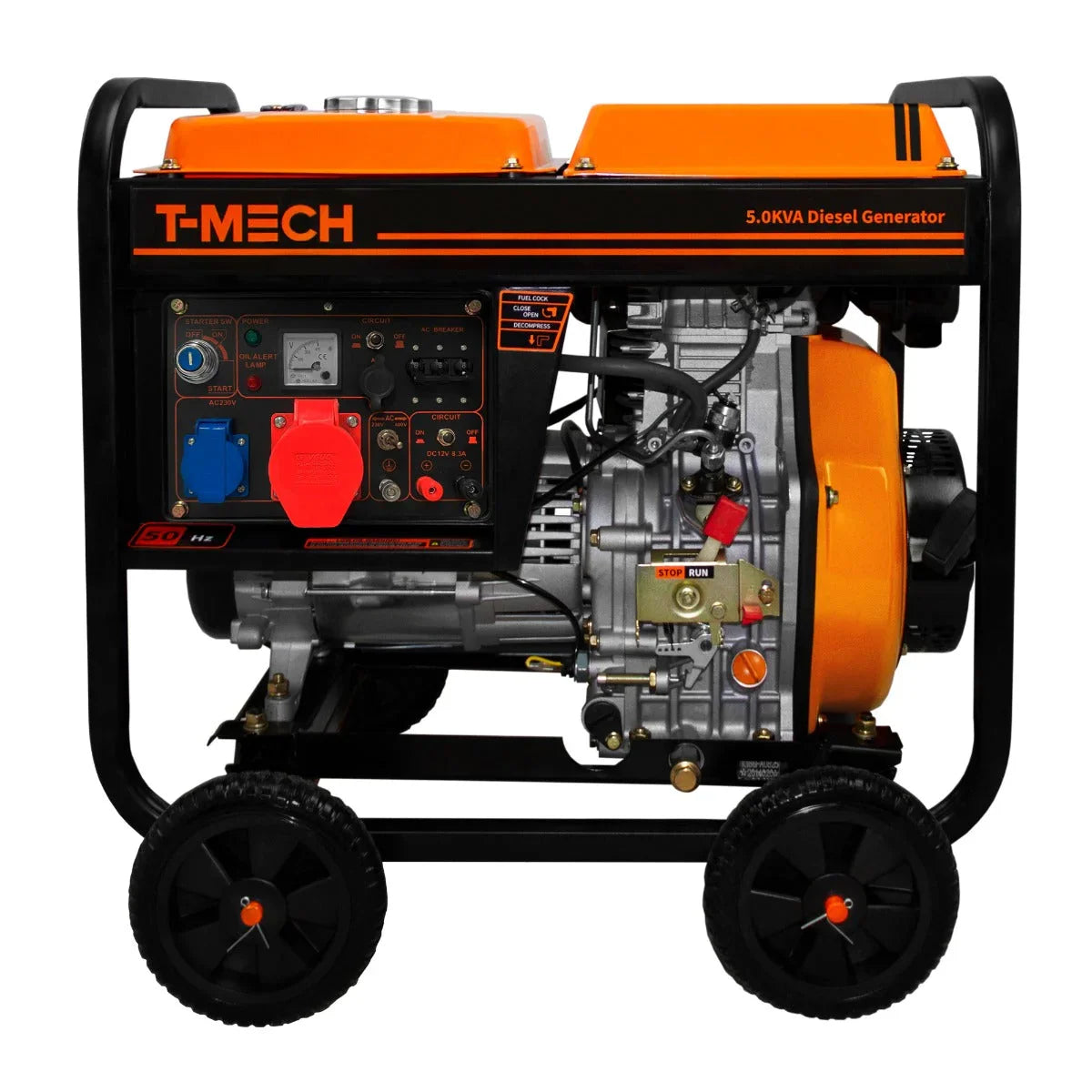 T-Mech 5kVA portable diesel generator with open frame, featuring an orange and black design, large wheels, and control panel with gauges