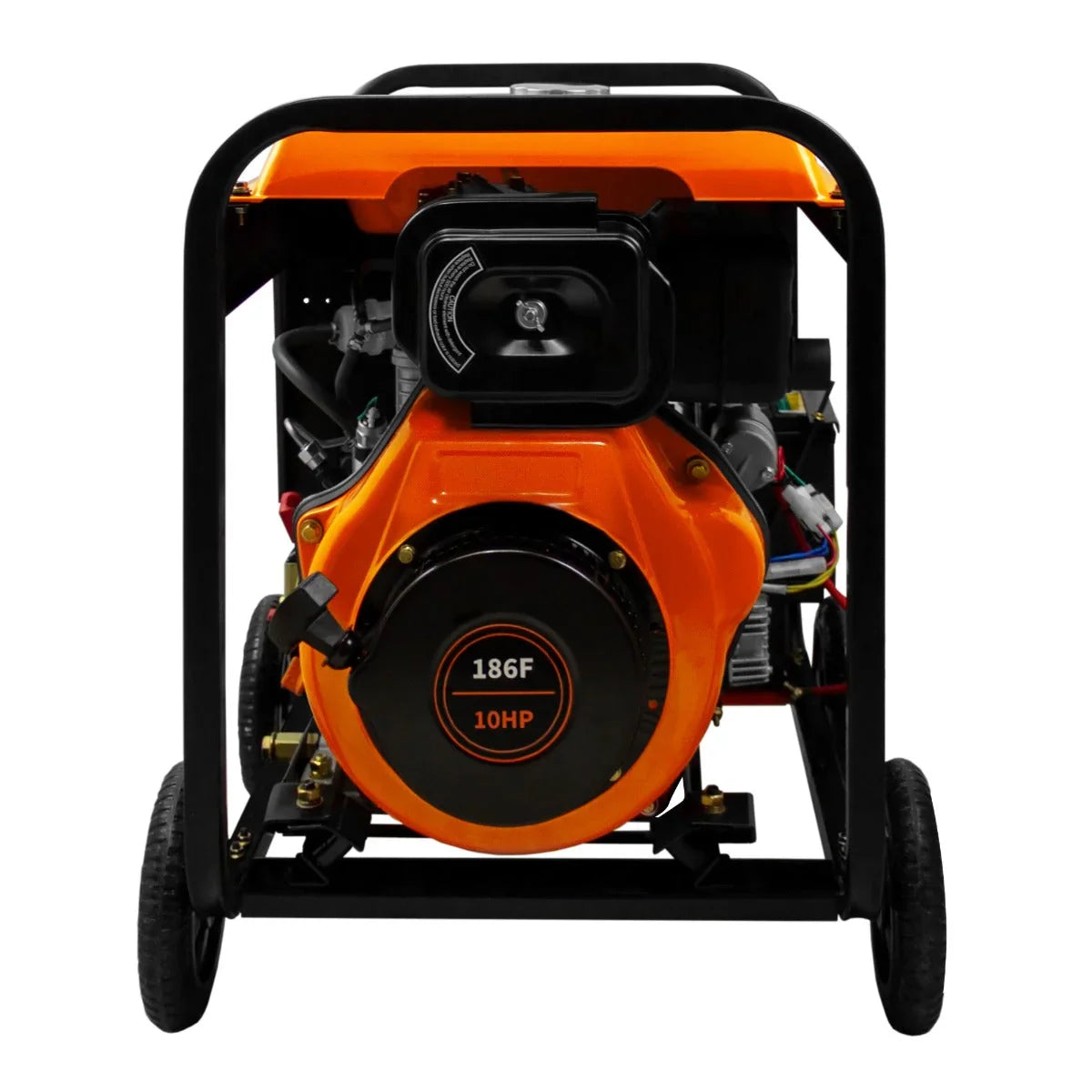 T-Mech 5kVA portable diesel generator with open frame, featuring a bright orange engine, sturdy black wheels, and a compact design