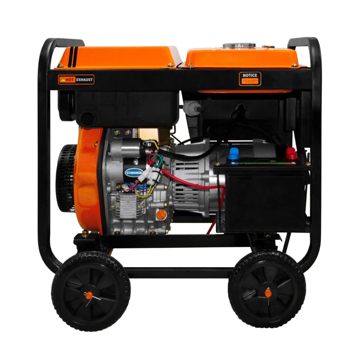 T-Mech 5kVA portable diesel generator with open frame, featuring a robust orange and black design, durable wheels, and visible engine components