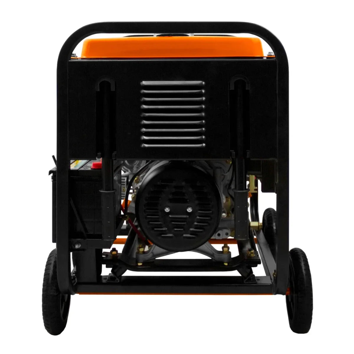 T-Mech 5kVA portable diesel generator with open frame design, featuring a sturdy black body and bright orange top, mounted on wheels
