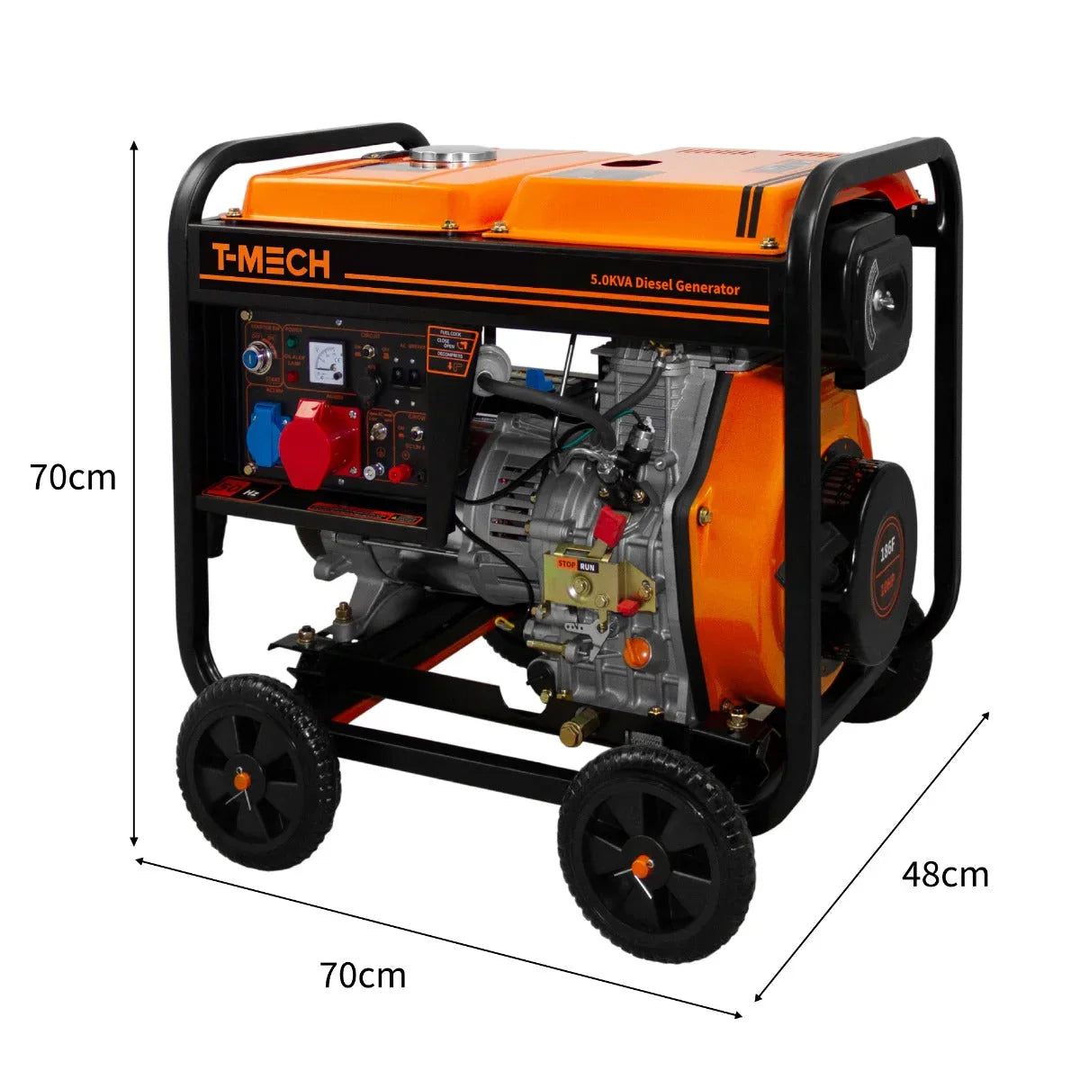 T-Mech 5kVA portable diesel generator with open frame, featuring a bright orange and black design, sturdy wheels, and control panel