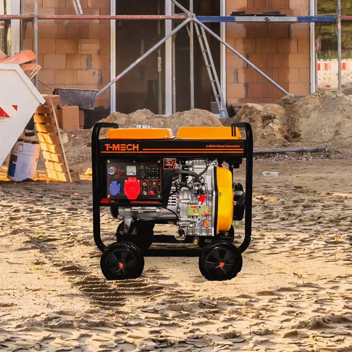 T-Mech 5kVA portable diesel generator with open frame, featuring a yellow and black design, sturdy wheels, and visible control panel