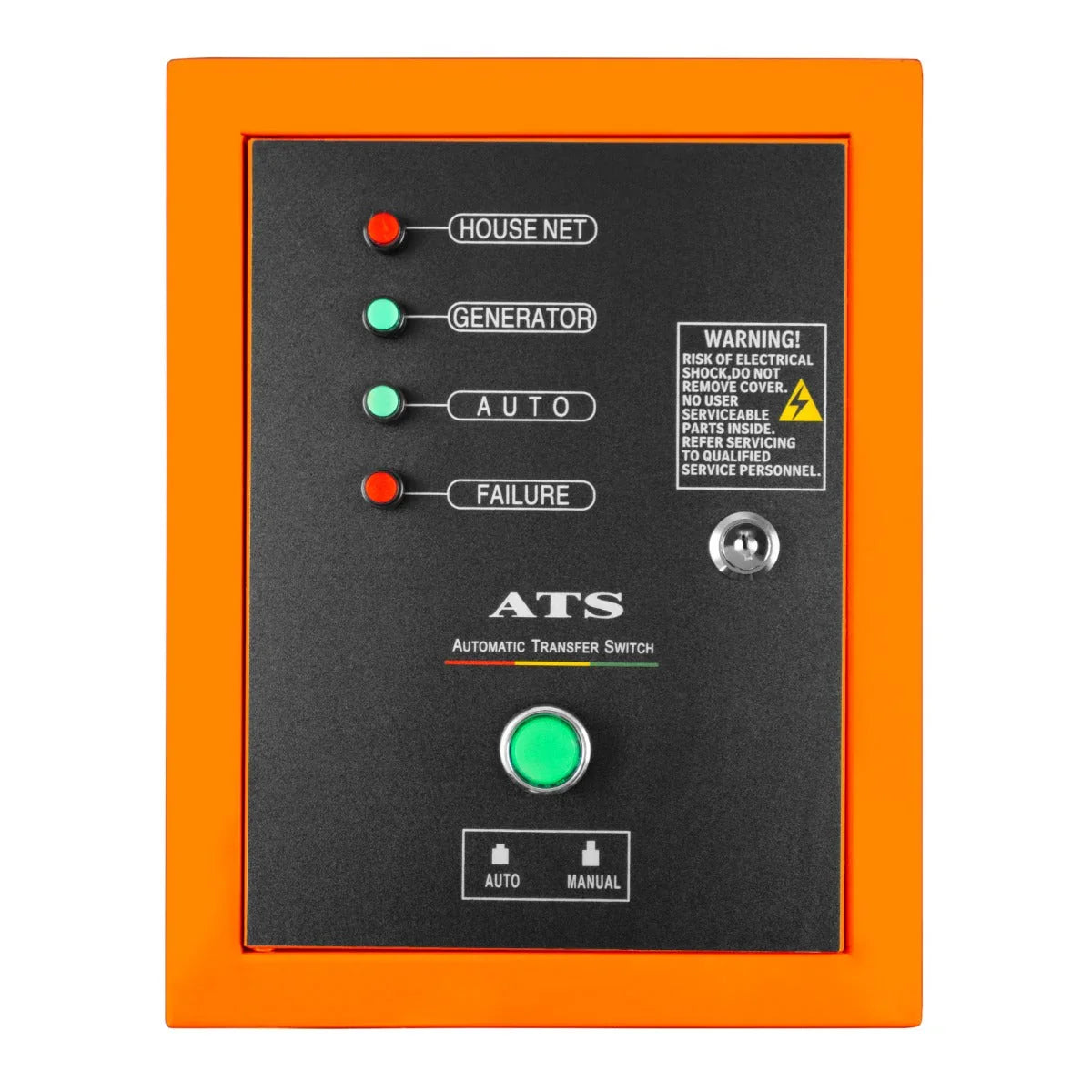 Automatic transfer switch for T-Mech 5kVA diesel generator, featuring a black panel with orange edges, indicator lights, and control buttons