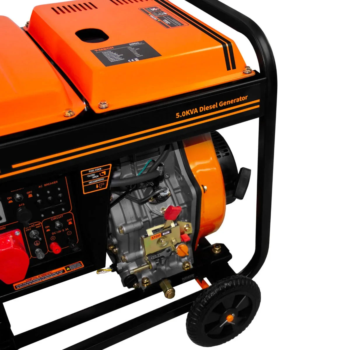 T-Mech 5kVA portable diesel generator with open frame, featuring an orange and black design, sturdy wheels, and control panel