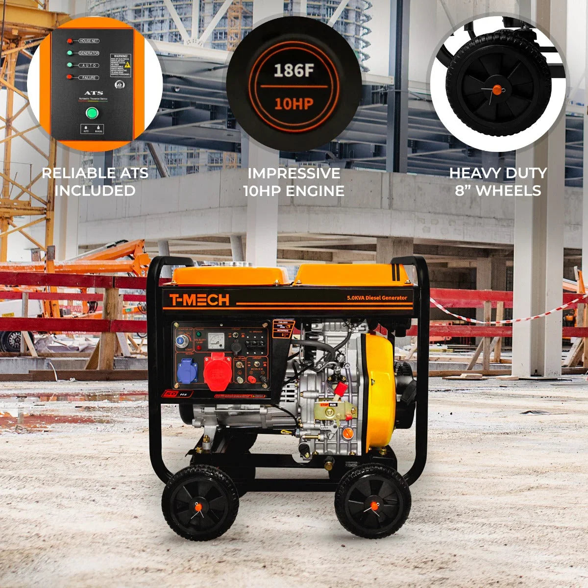T-Mech 5kVA portable diesel generator with open frame, bright orange and black design, featuring a 10HP engine and heavy-duty wheels