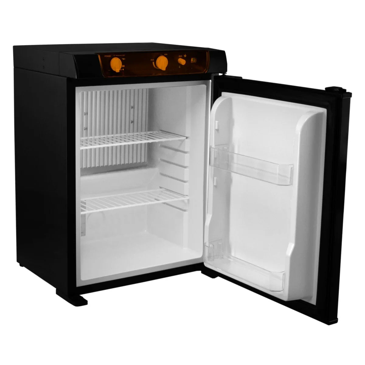 Compact black 3-way absorption fridge with an open door, showcasing adjustable shelves and a clear storage compartment inside