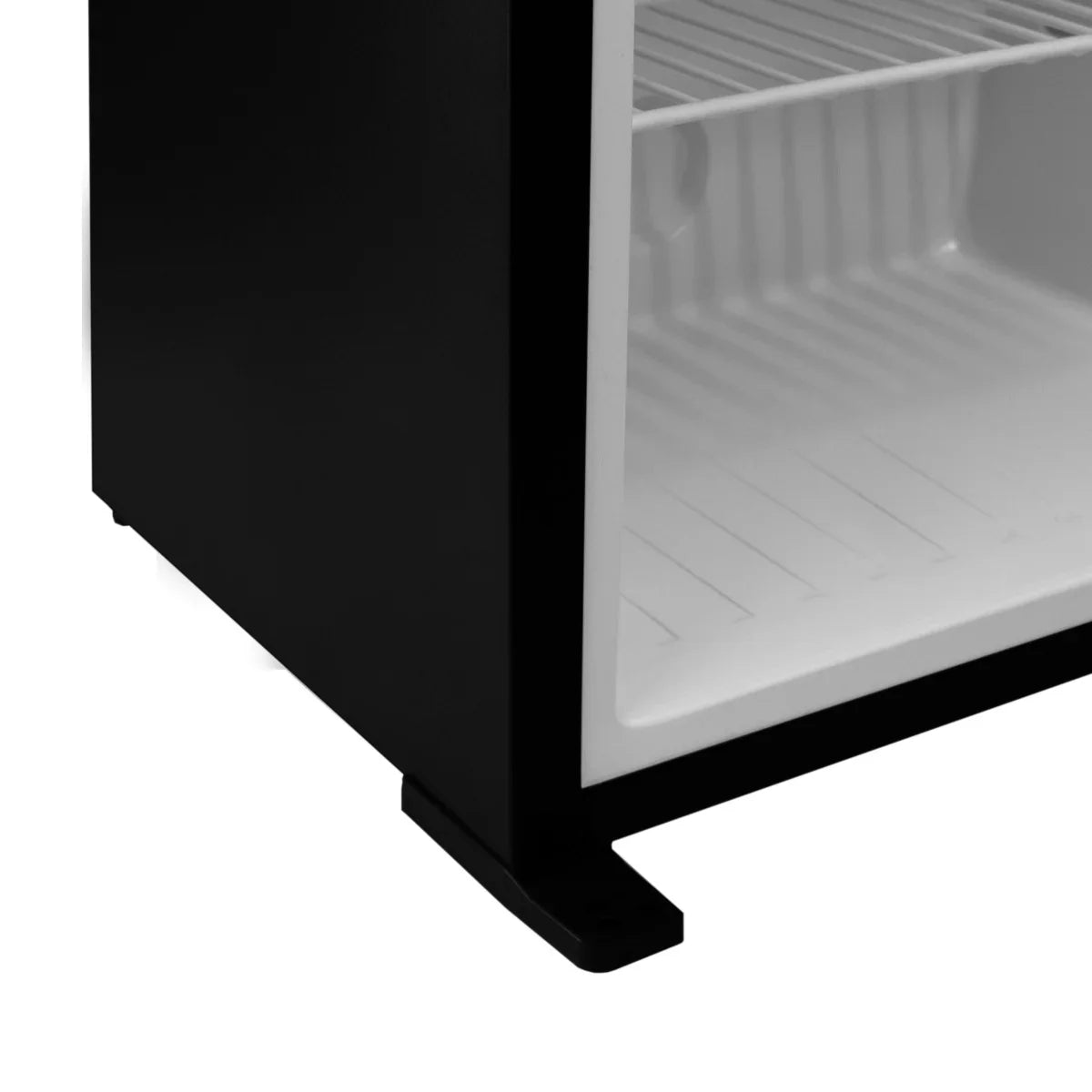 3-Way Absorption Fridge with a sleek black exterior and spacious white interior, featuring adjustable shelves for versatile storage