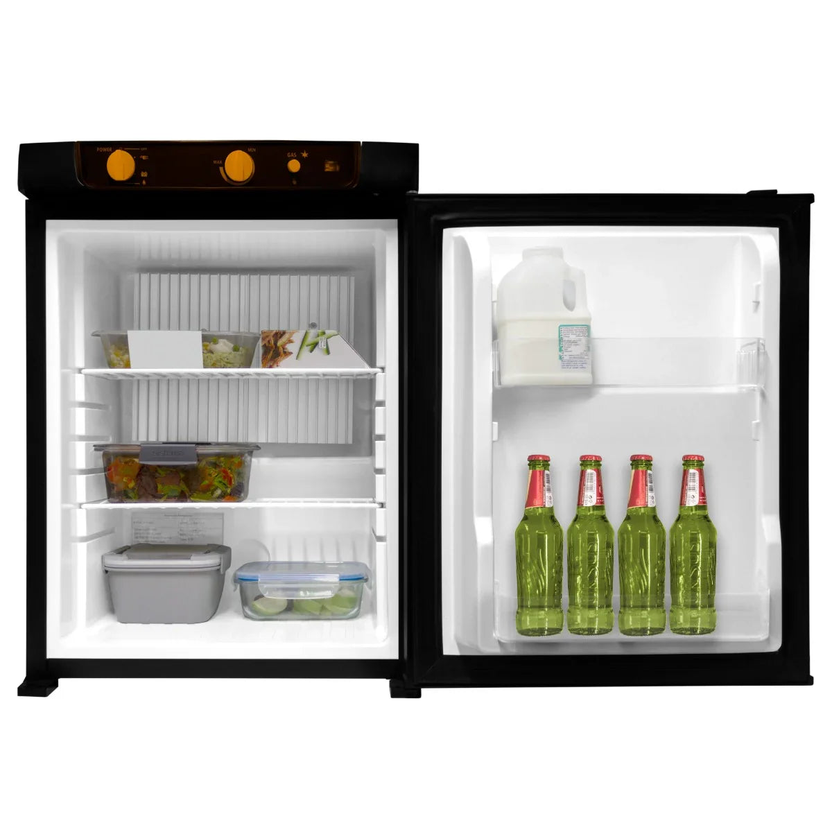 3-Way Absorption Fridge with a sleek black exterior, spacious shelves, and organized compartments for beverages and food storage