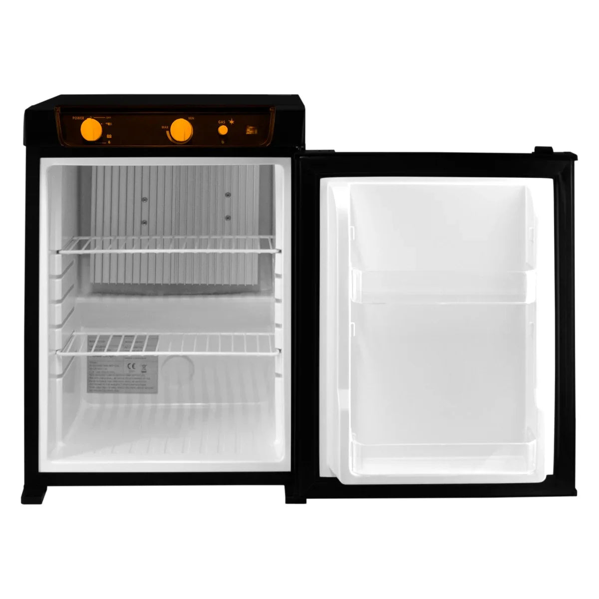 Compact 3-way absorption fridge with a sleek black exterior, featuring adjustable shelves and transparent storage bins for easy organization