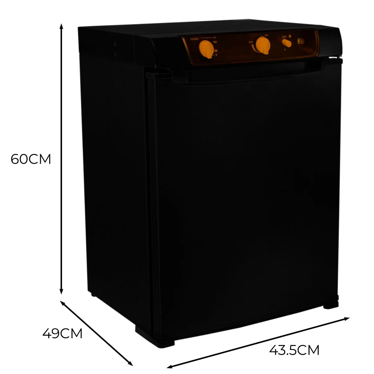 Compact black 3-way absorption fridge with orange dials, measuring 60cm high, 49cm wide, and 43.5cm deep, ideal for small spaces