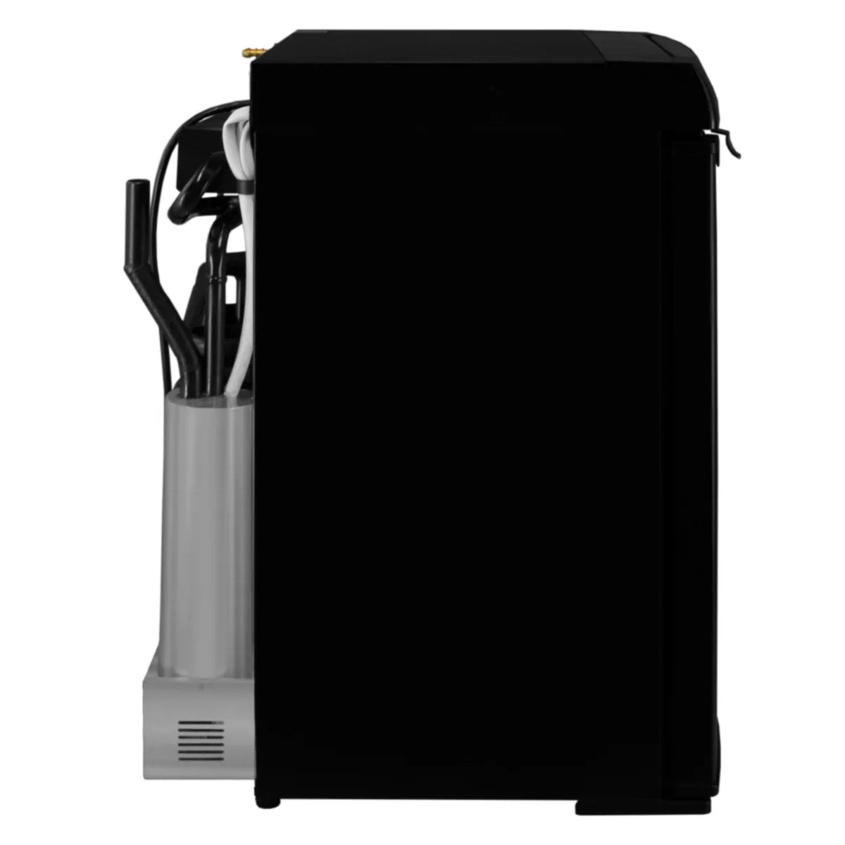 Compact black 3-way absorption fridge showcasing a sleek side profile with visible cooling components and modern design elements