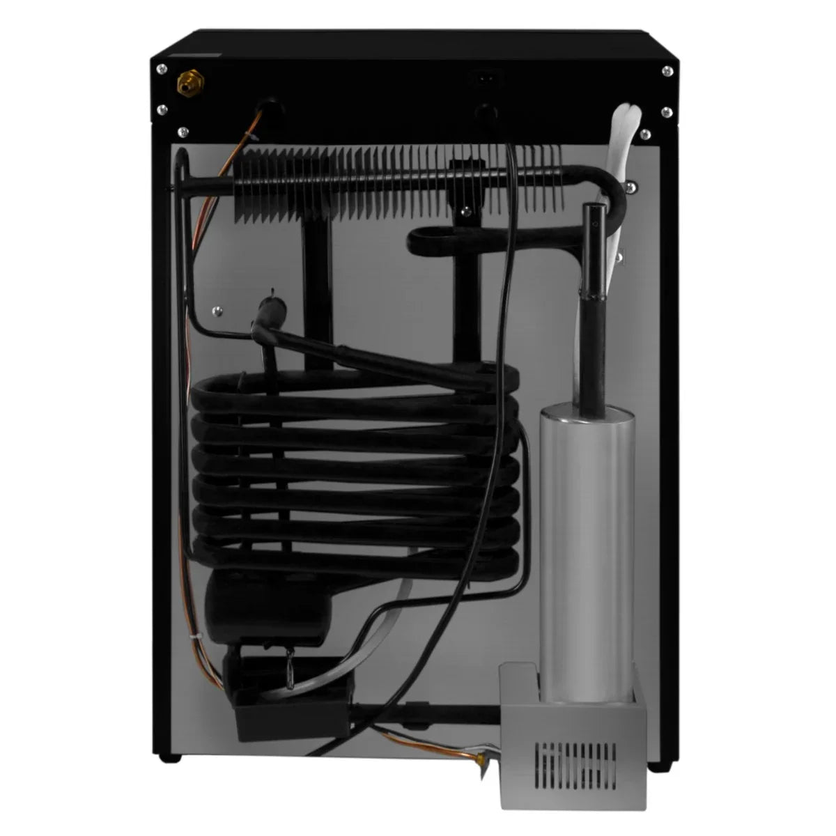 3-Way Absorption Fridge showcasing a sleek black exterior, intricate cooling coils, and a stainless steel component for efficient performance