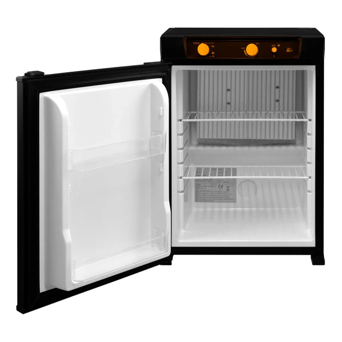 Compact 3-way absorption fridge with a sleek black exterior, featuring a spacious white interior, adjustable shelves, and clear storage compartments