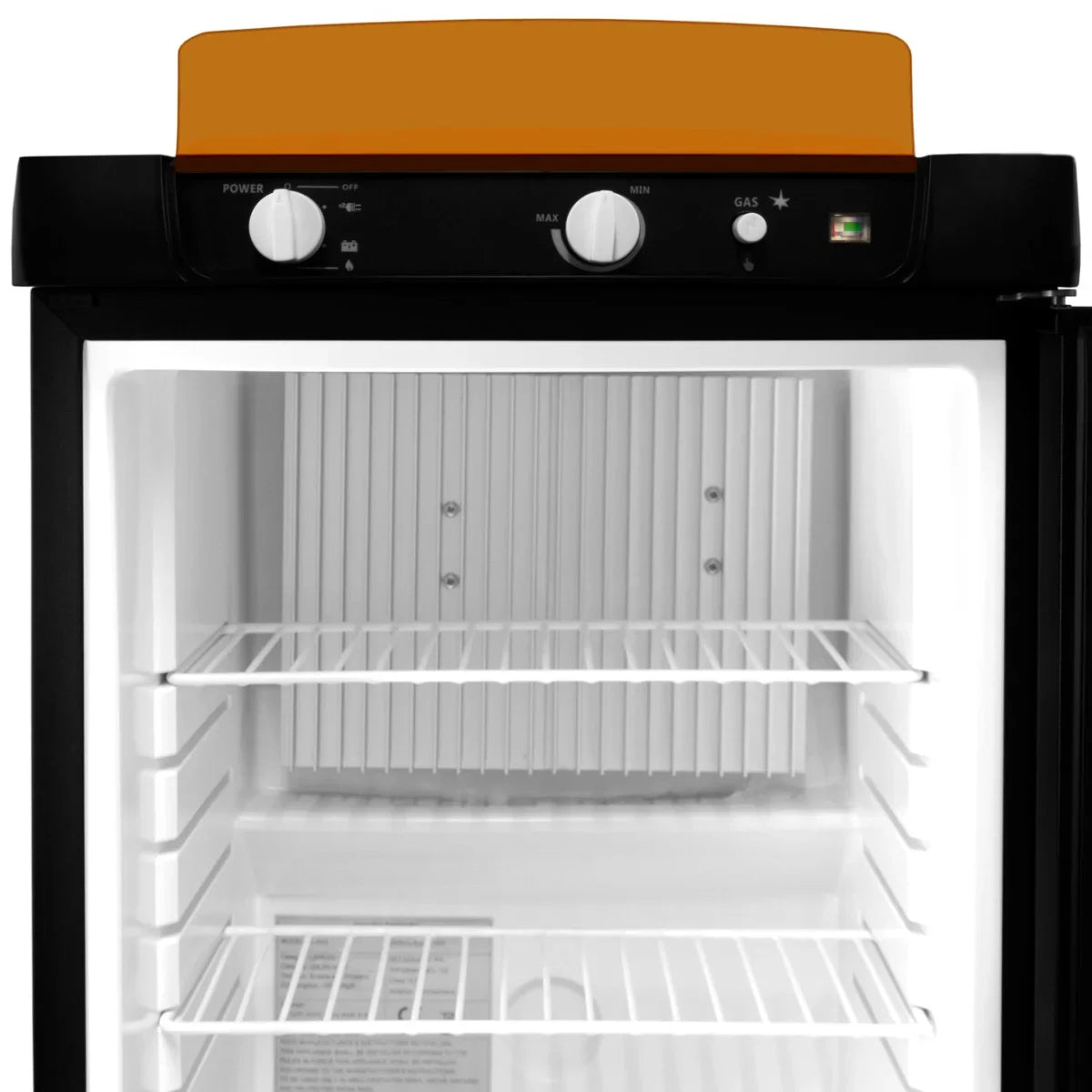 3-way absorption fridge with a sleek black exterior, orange top, and adjustable shelves, showcasing a spacious interior design
