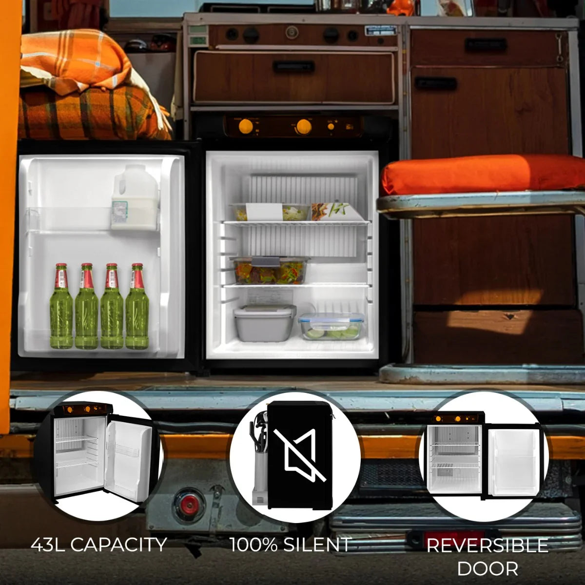 Compact 3-way absorption fridge with a 43L capacity, featuring a reversible door, silent operation, and organized shelving for beverages and food