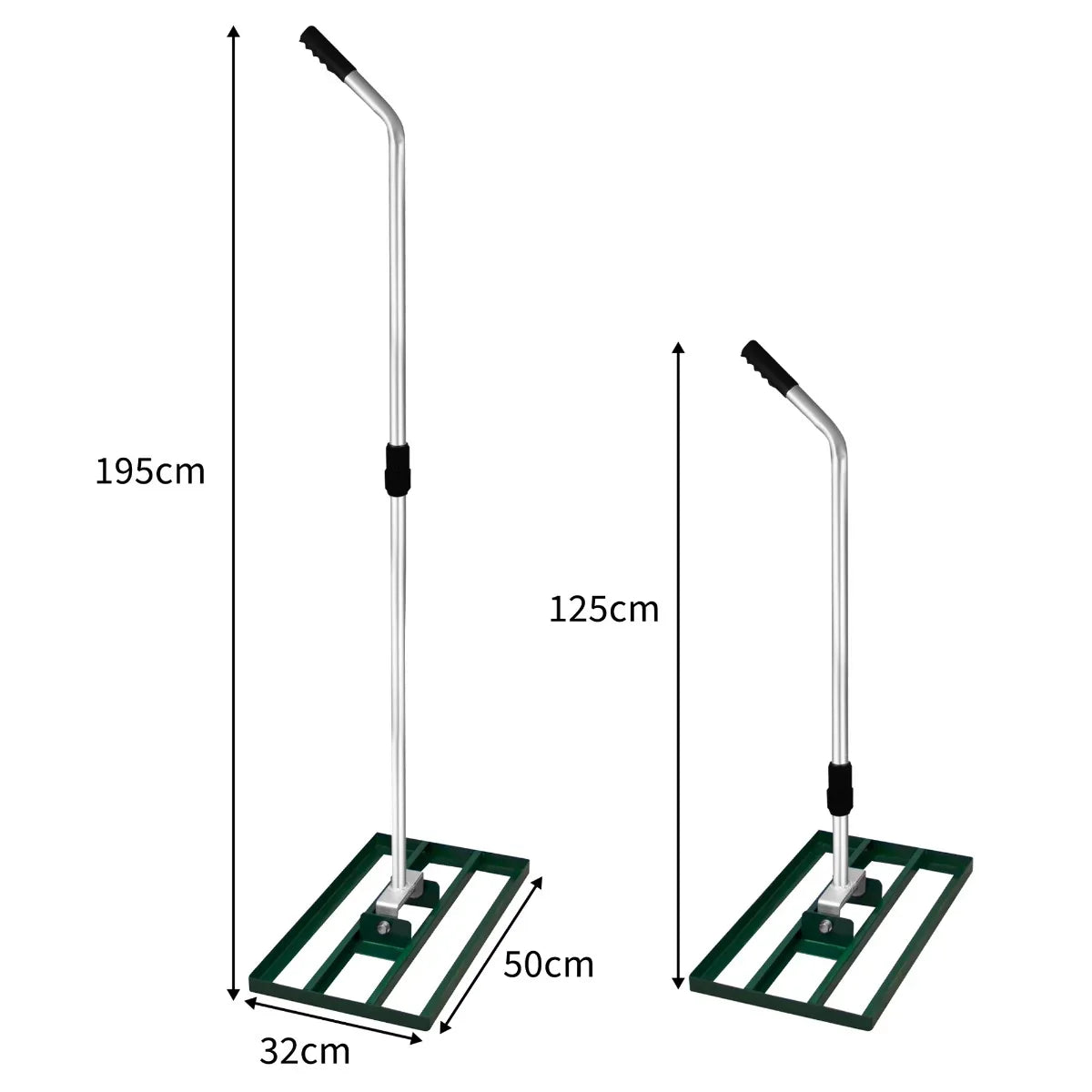 T-Mech Lawn Leveller in green, featuring a sturdy metal frame, ergonomic handle, and a 50cm wide leveling base for easy lawn maintenance