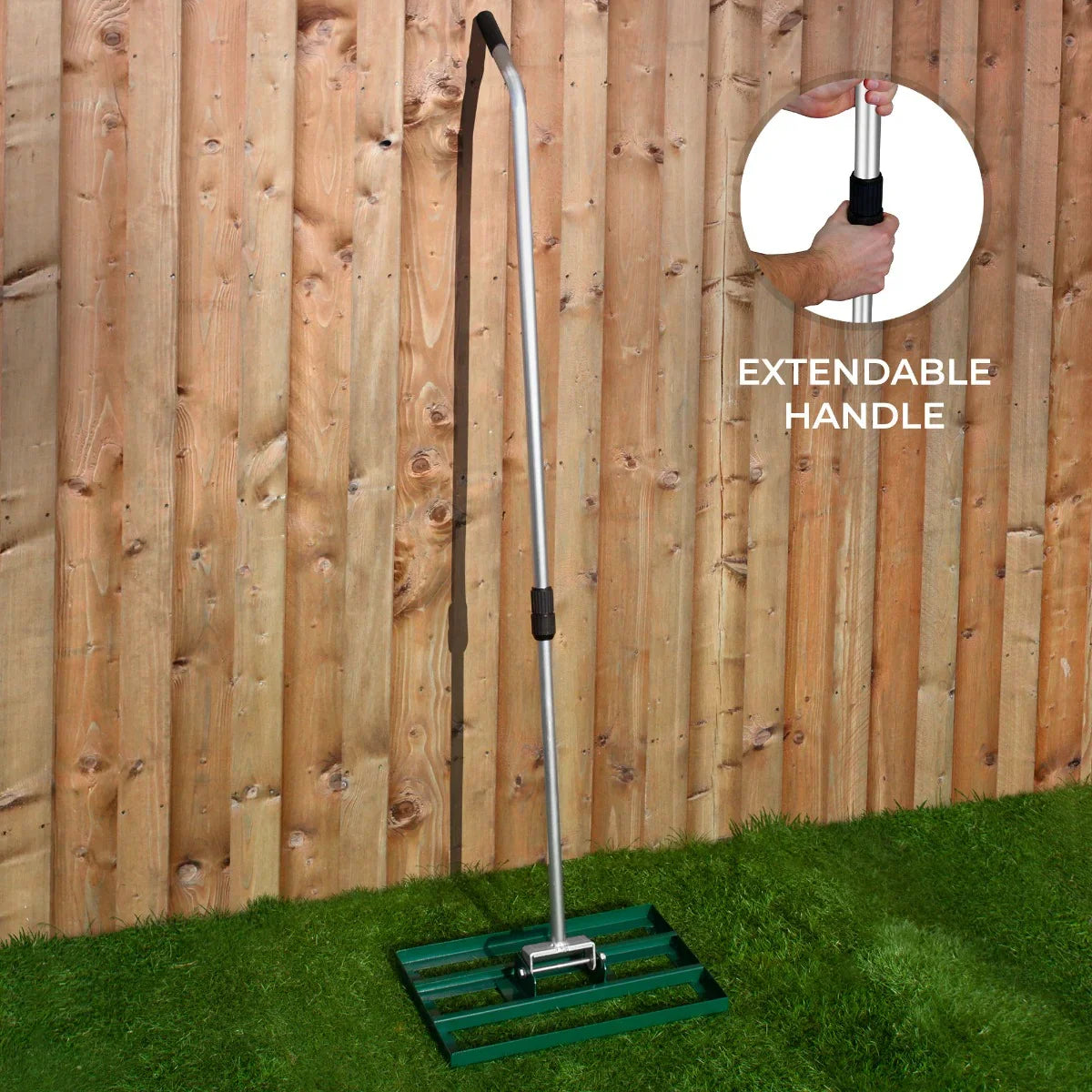 T-Mech Lawn Leveller 50cm in green with a sturdy metal frame, featuring an extendable handle for easy lawn leveling and maintenance