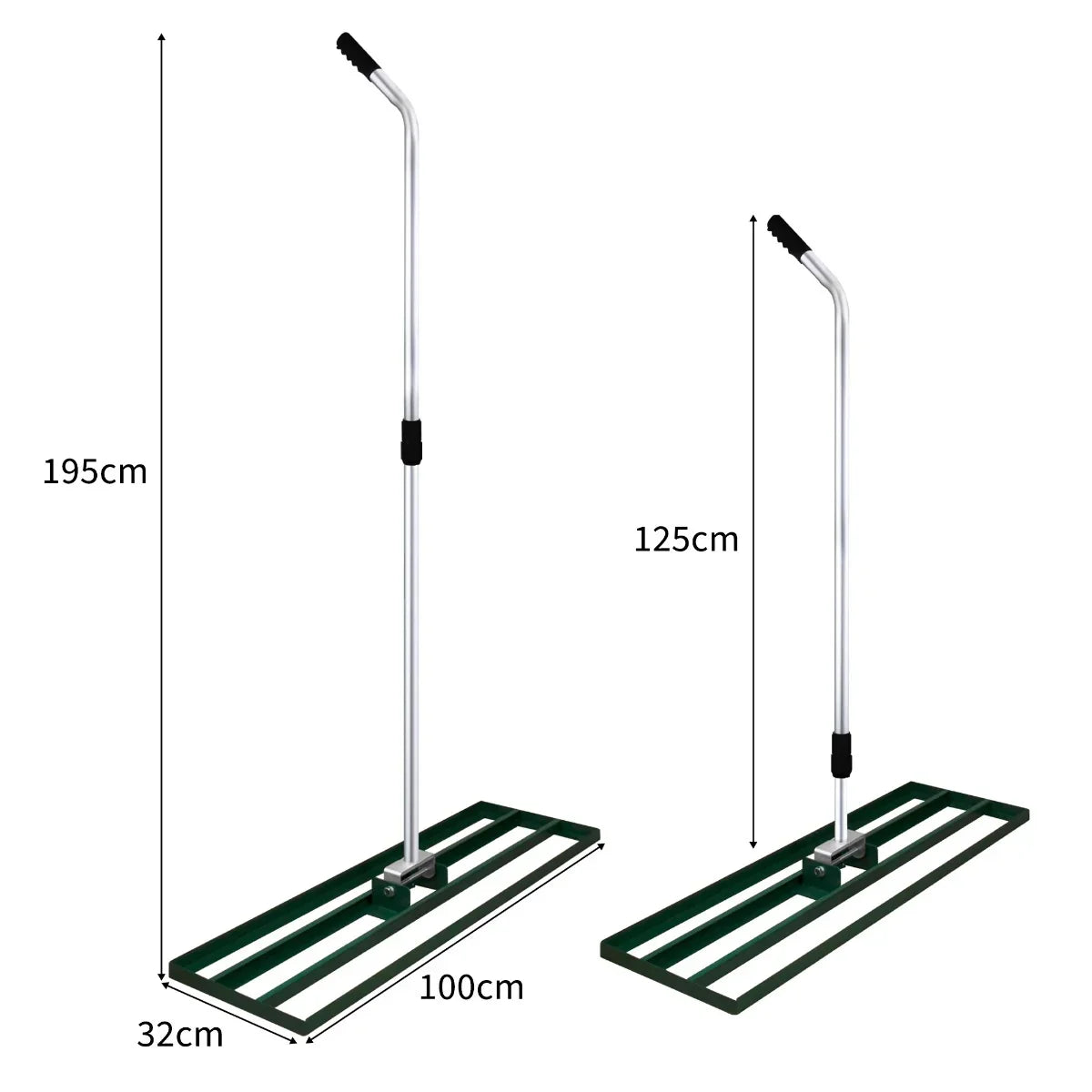 T-Mech Lawn Leveller in green, featuring a sturdy metal frame, 100cm wide leveling base, and ergonomic handle for easy use