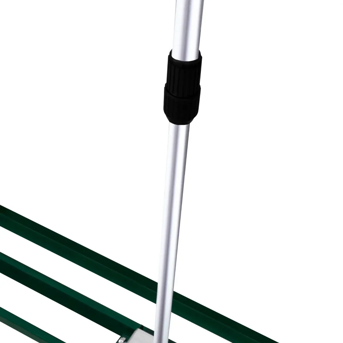 T-Mech Lawn Leveller 100cm in green with a sturdy aluminum handle and textured leveling bar for even lawn surface preparation