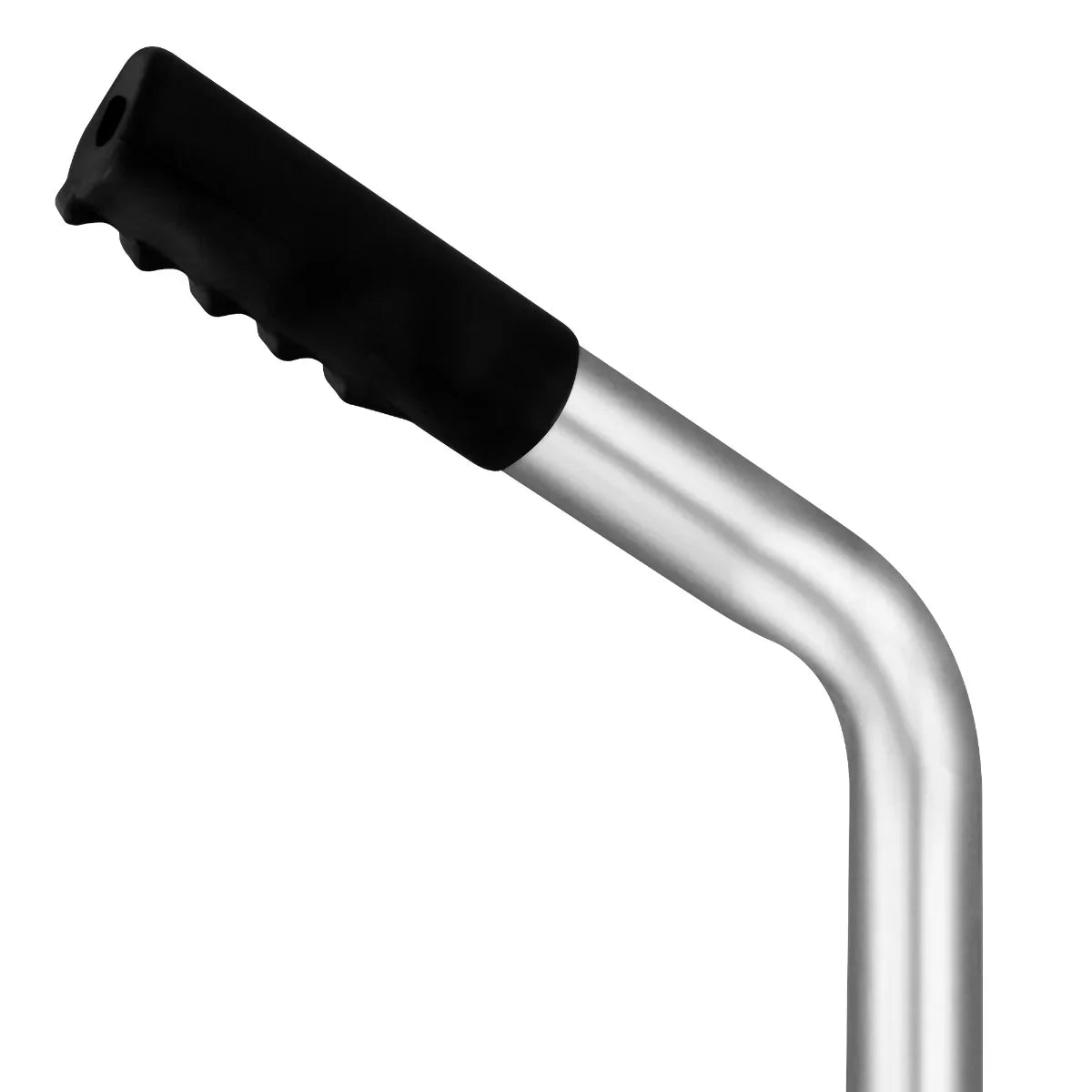 Curved metal handle with a textured black grip, designed for the T-Mech Lawn Leveller 100cm in green, showcasing ergonomic features