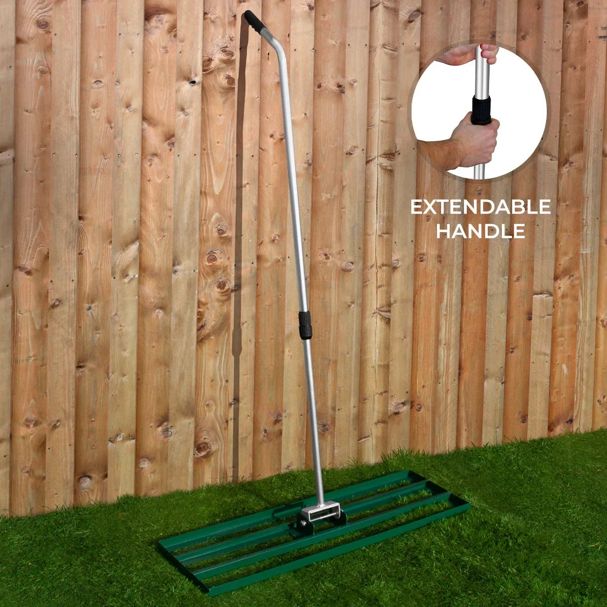 T-Mech Lawn Leveller 100cm in green with a sturdy metal frame, textured leveling surface, and an extendable handle for easy use