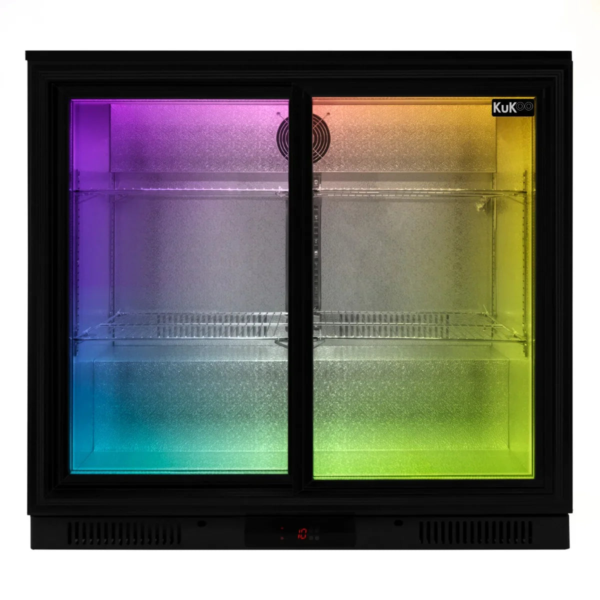 Sliding double door back bar fridge cooler with a sleek black frame, illuminated with vibrant gradient LED lighting and glass shelves