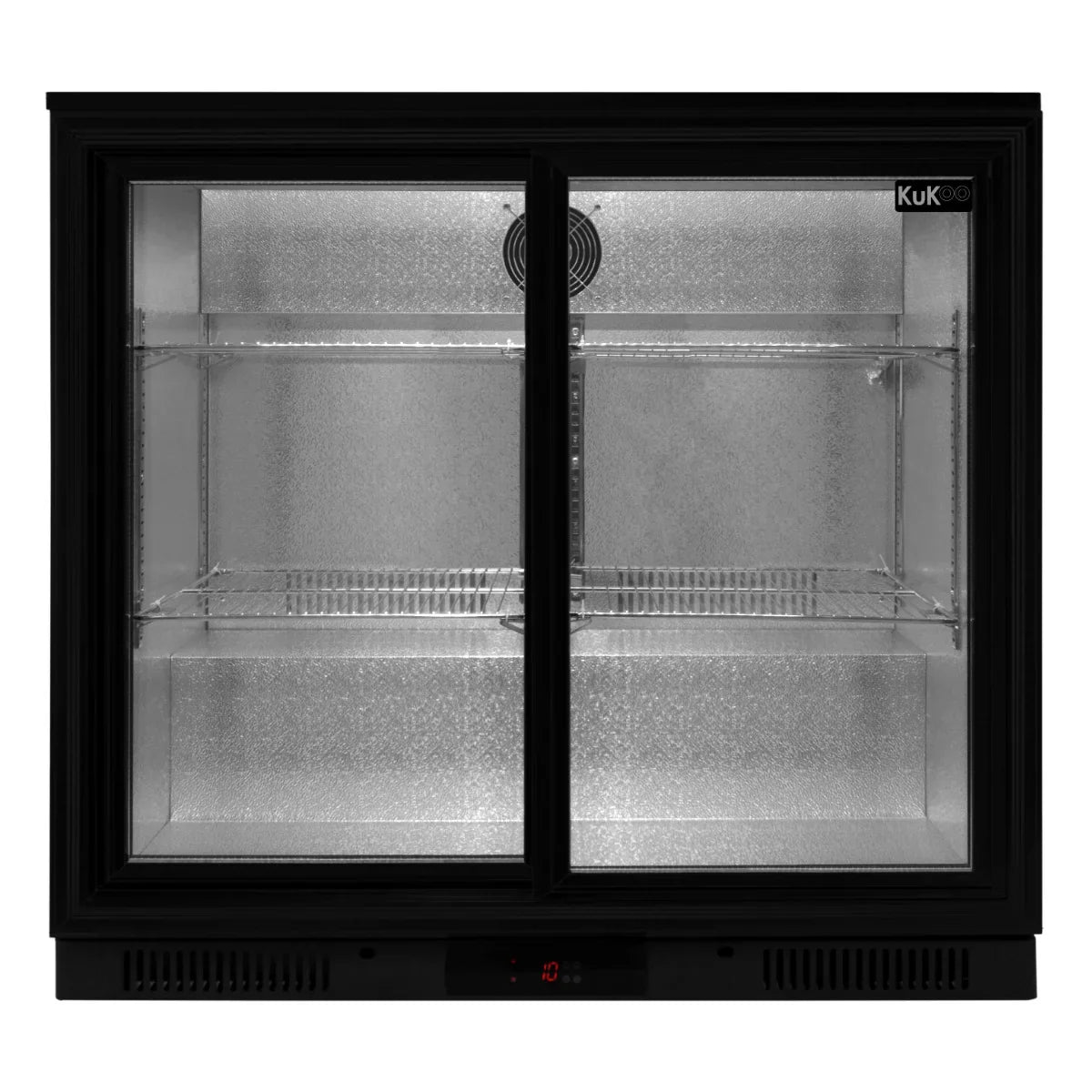 Back bar fridge cooler with sliding double doors, sleek black finish, and spacious interior featuring adjustable shelves and LED lighting