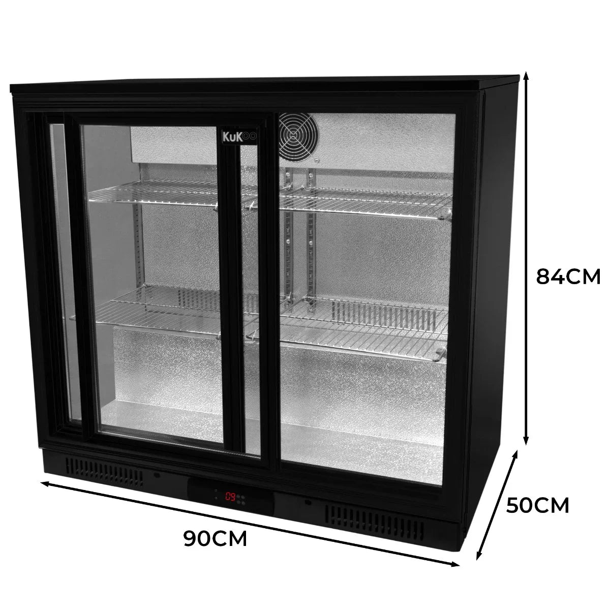 Back bar fridge cooler with sliding double doors, sleek black finish, spacious interior, adjustable shelves, and digital temperature display