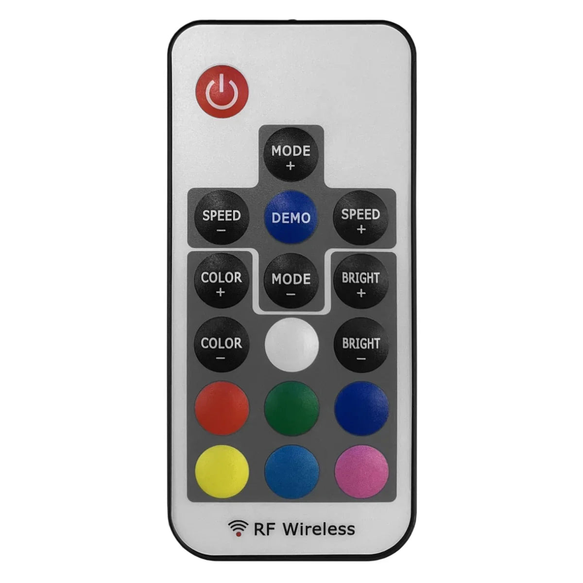 Wireless remote control with colorful buttons for adjusting speed, brightness, and color settings, featuring a sleek design and user-friendly layout
