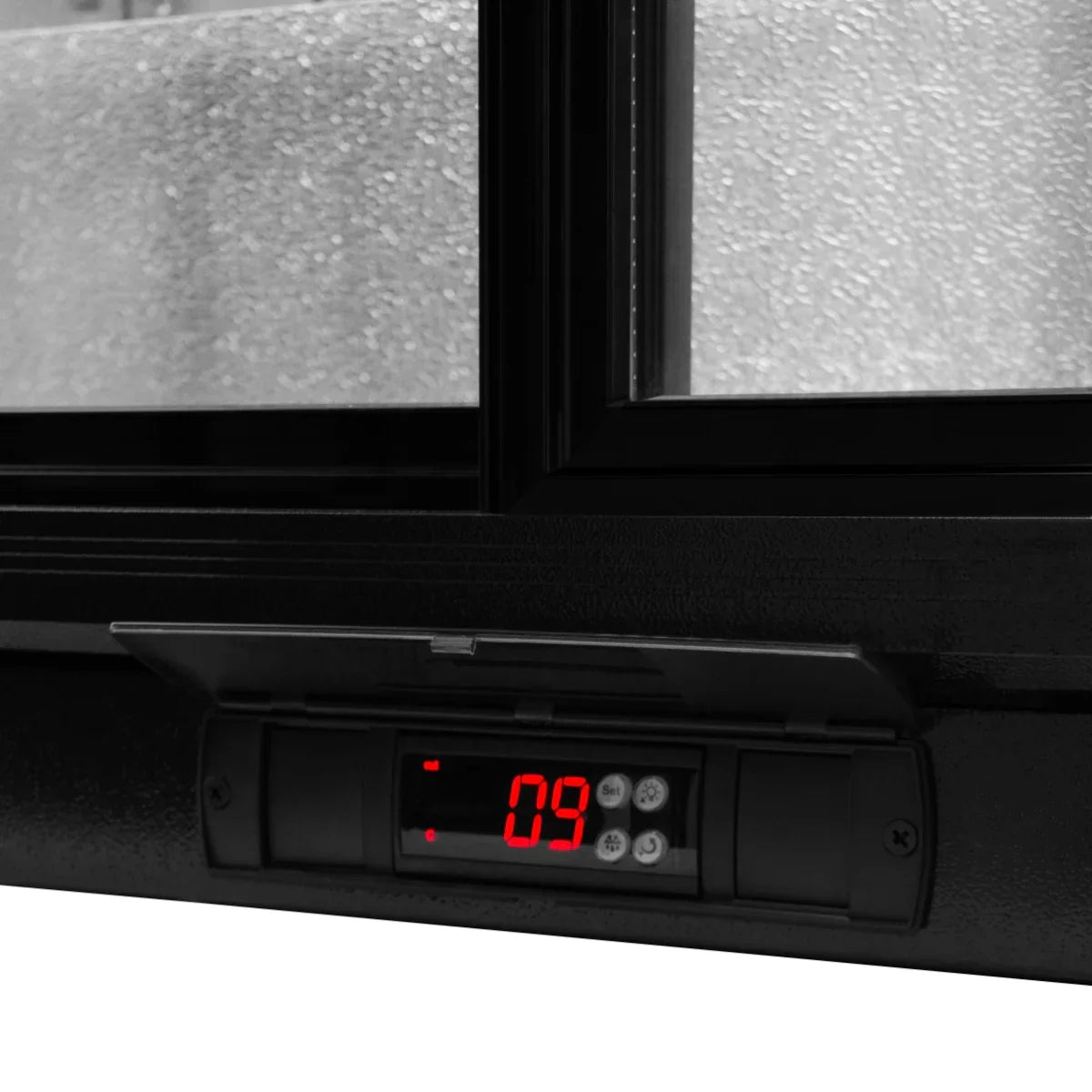 Sliding double door back bar fridge cooler with digital temperature display and sleek black finish, ideal for beverage storage