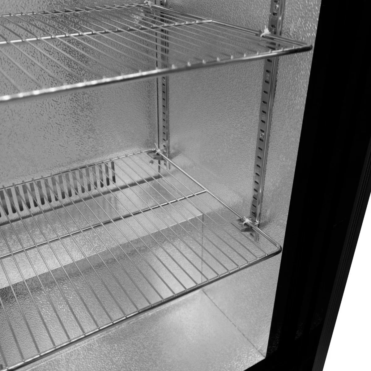 Sliding double door back bar fridge cooler with stainless steel shelves and a sleek, modern black finish for optimal storage