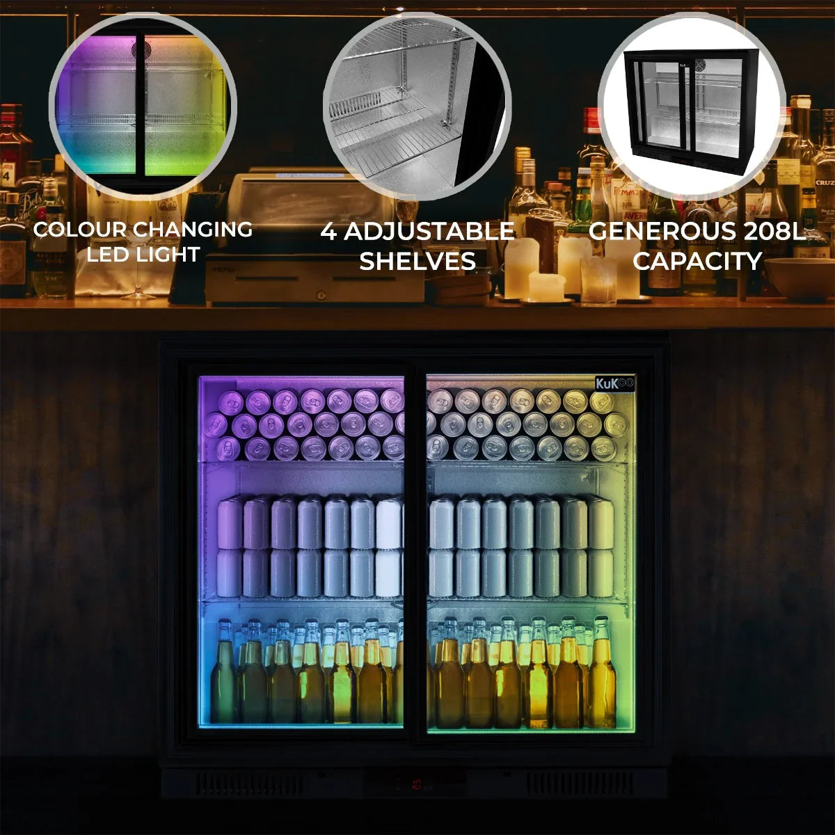 Back Bar Fridge Cooler with sliding double doors, color-changing LED lights, four adjustable shelves, and 208L capacity