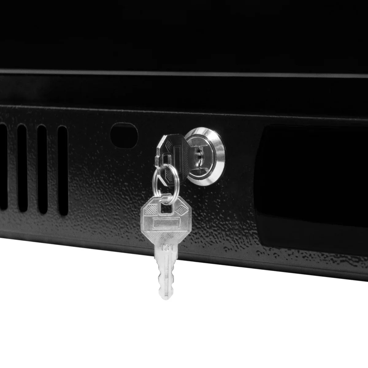 Hinged double door back bar fridge cooler featuring a sleek black finish and a key lock for added security and convenience