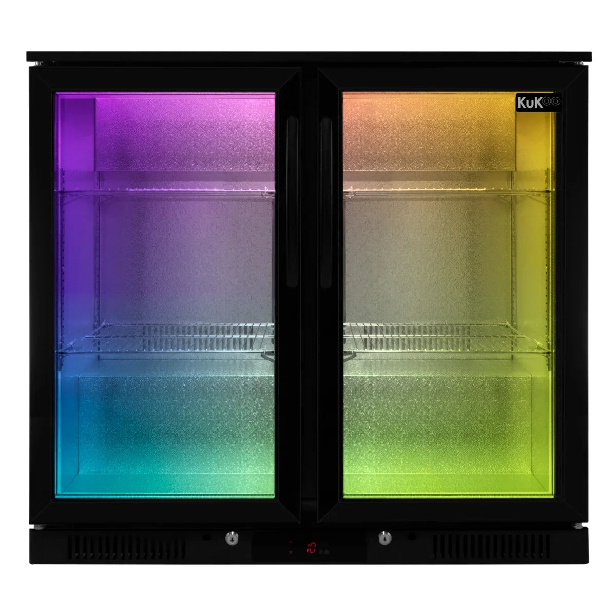 Hinged double door back bar fridge cooler with a sleek black finish and colorful LED lighting, featuring spacious glass shelves