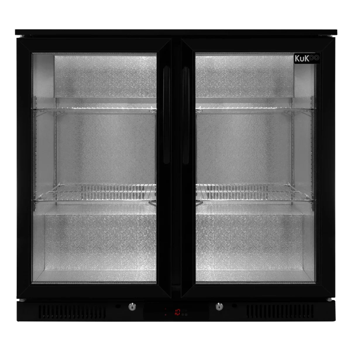 Hinged double door back bar fridge cooler with sleek black finish, illuminated interior, and adjustable shelves for optimal storage