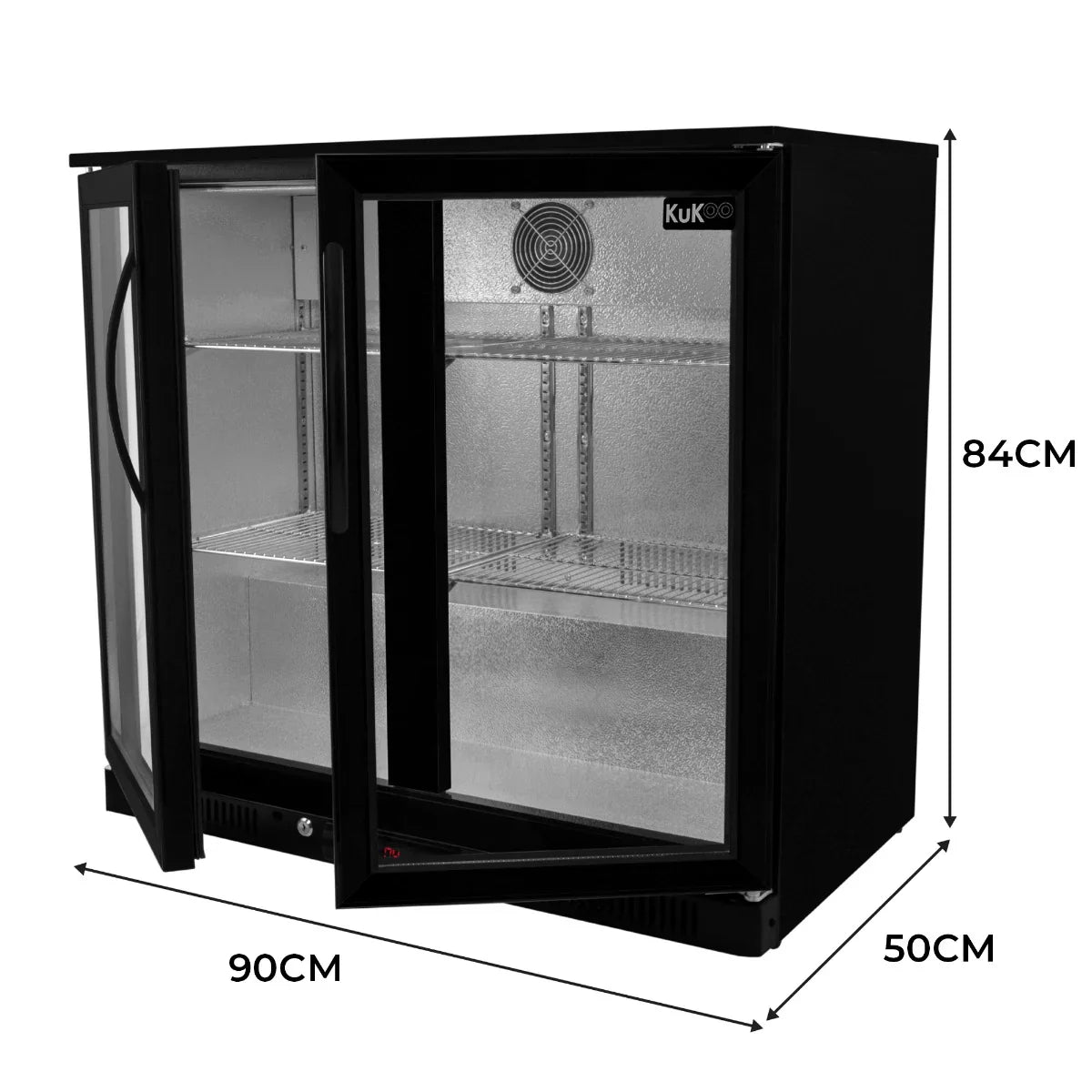 Hinged double door back bar fridge cooler in sleek black, featuring two glass doors, adjustable shelves, and a compact design