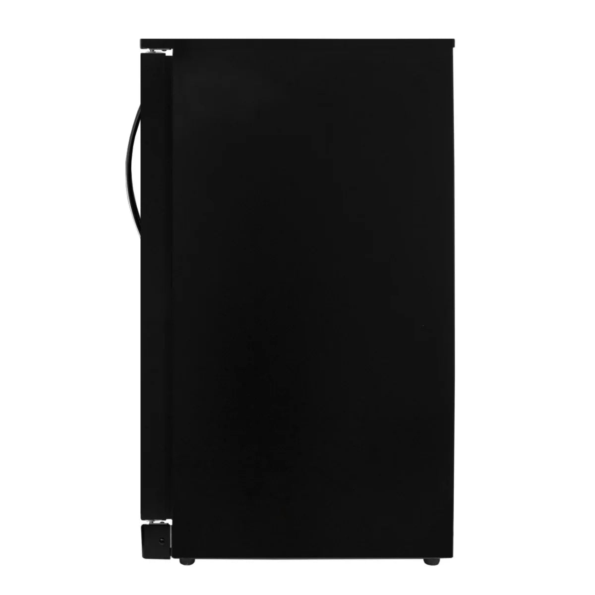 Hinged double door back bar fridge cooler in sleek black finish, featuring a compact design and sturdy handle for easy access