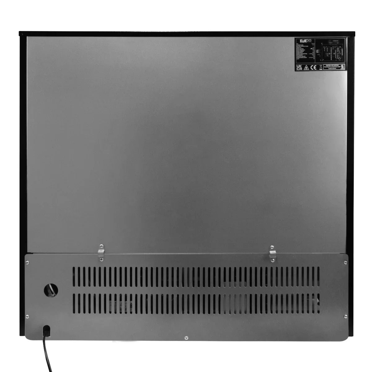 Sleek stainless steel back of a hinged double door back bar fridge cooler, featuring ventilation grilles and power cord connection