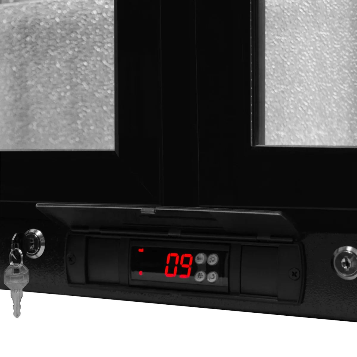 Hinged double door back bar fridge cooler with a digital temperature display, sleek black finish, and key lock for security