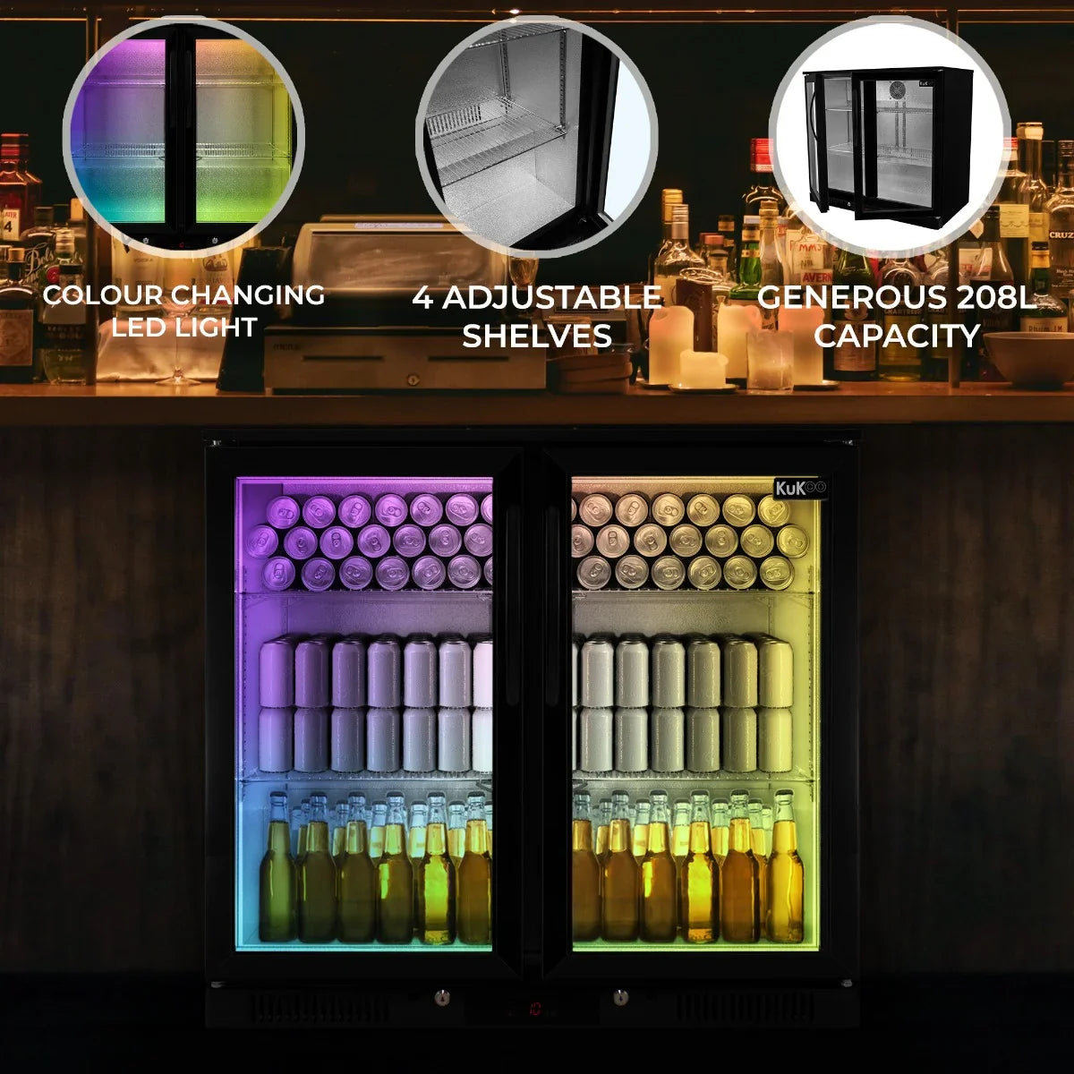 Hinged double door back bar fridge cooler with color-changing LED light, four adjustable shelves, and 208L capacity, displaying beverages