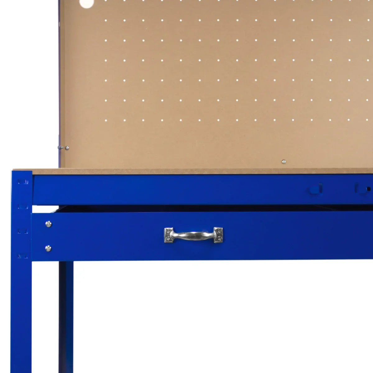 Blue workbench featuring a pegboard back, a spacious drawer with a silver handle, and a sturdy, smooth surface for projects