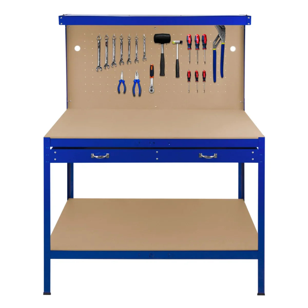 Blue workbench featuring a pegboard with tools, a spacious drawer, and a light, ideal for organizing and enhancing workspace efficiency