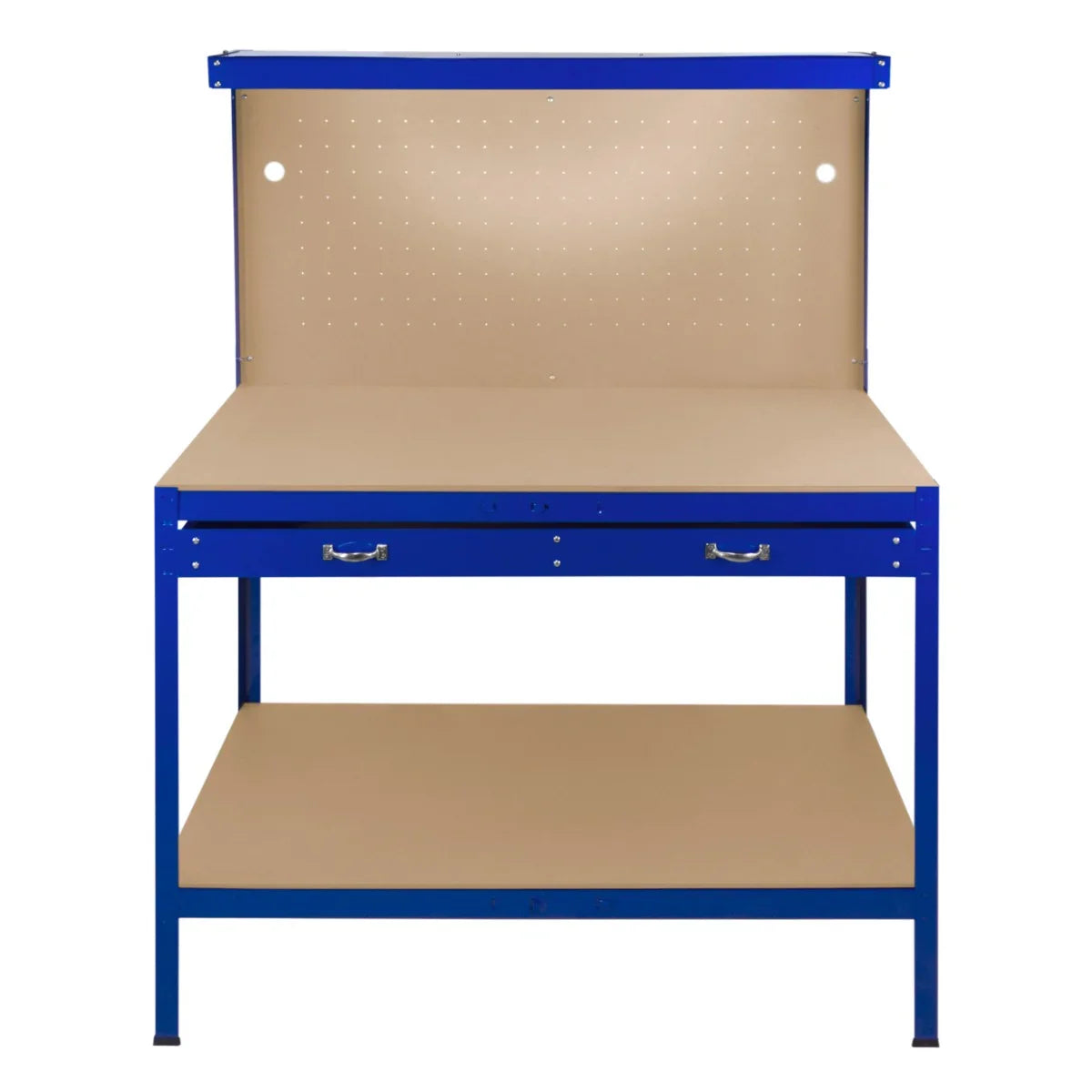 Blue workbench featuring a pegboard back, spacious drawer, and integrated light, designed for organization and efficiency in workspaces
