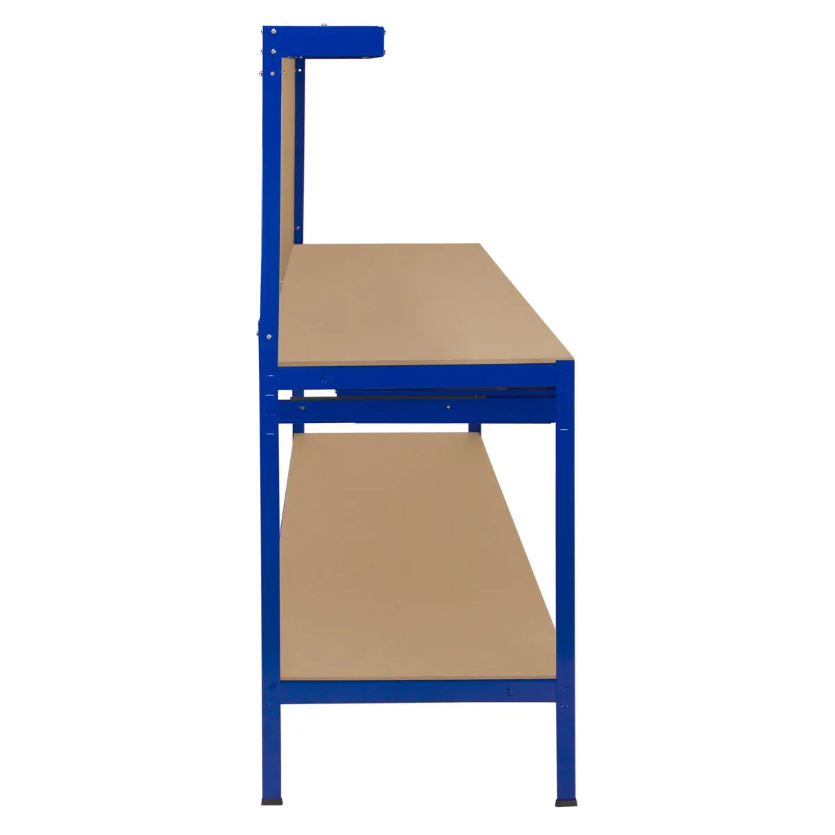 Blue workbench featuring a sturdy design, spacious top surface, lower shelf, and integrated pegboard for tools and accessories