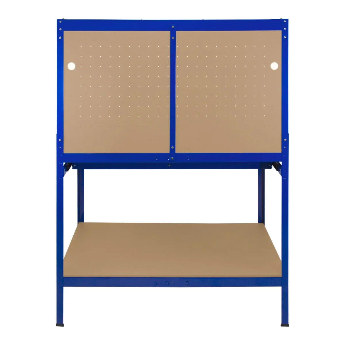Blue workbench featuring a pegboard back, spacious drawer, and integrated light, ideal for organizing tools and workspace