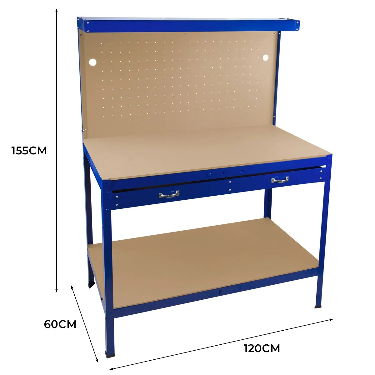 Blue workbench featuring a pegboard back, spacious drawer, and integrated light, ideal for organizing tools and workspace