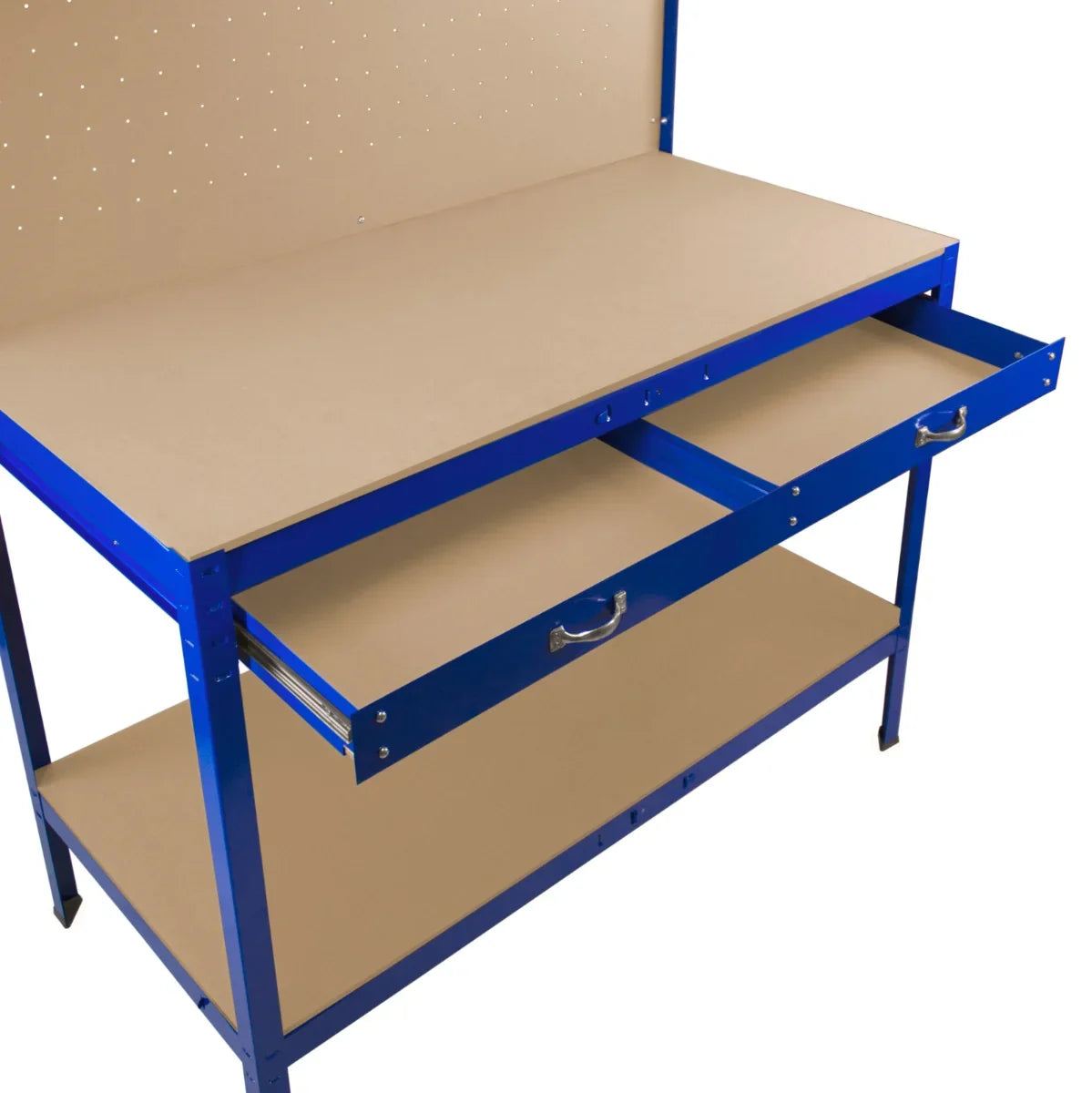 Blue workbench featuring a pegboard, spacious drawer, and light, with a smooth surface and sturdy metal frame for durability